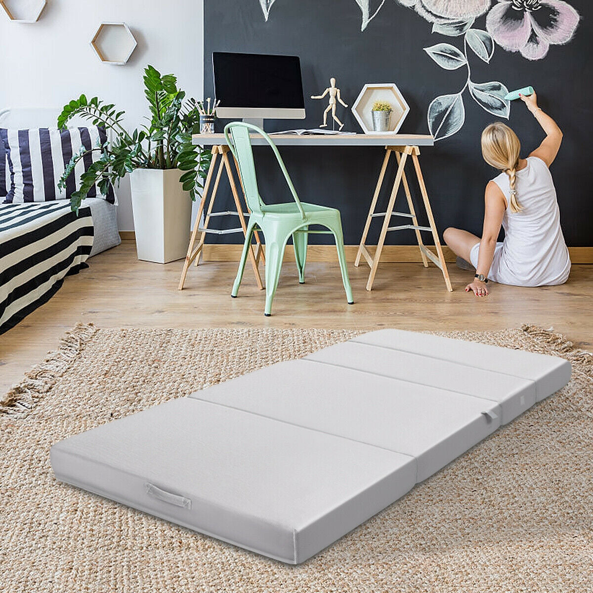 4 Inch Folding Sofa Bed Foam Mattress with Handles-Twin XL-Mattresses-DECOROLALA