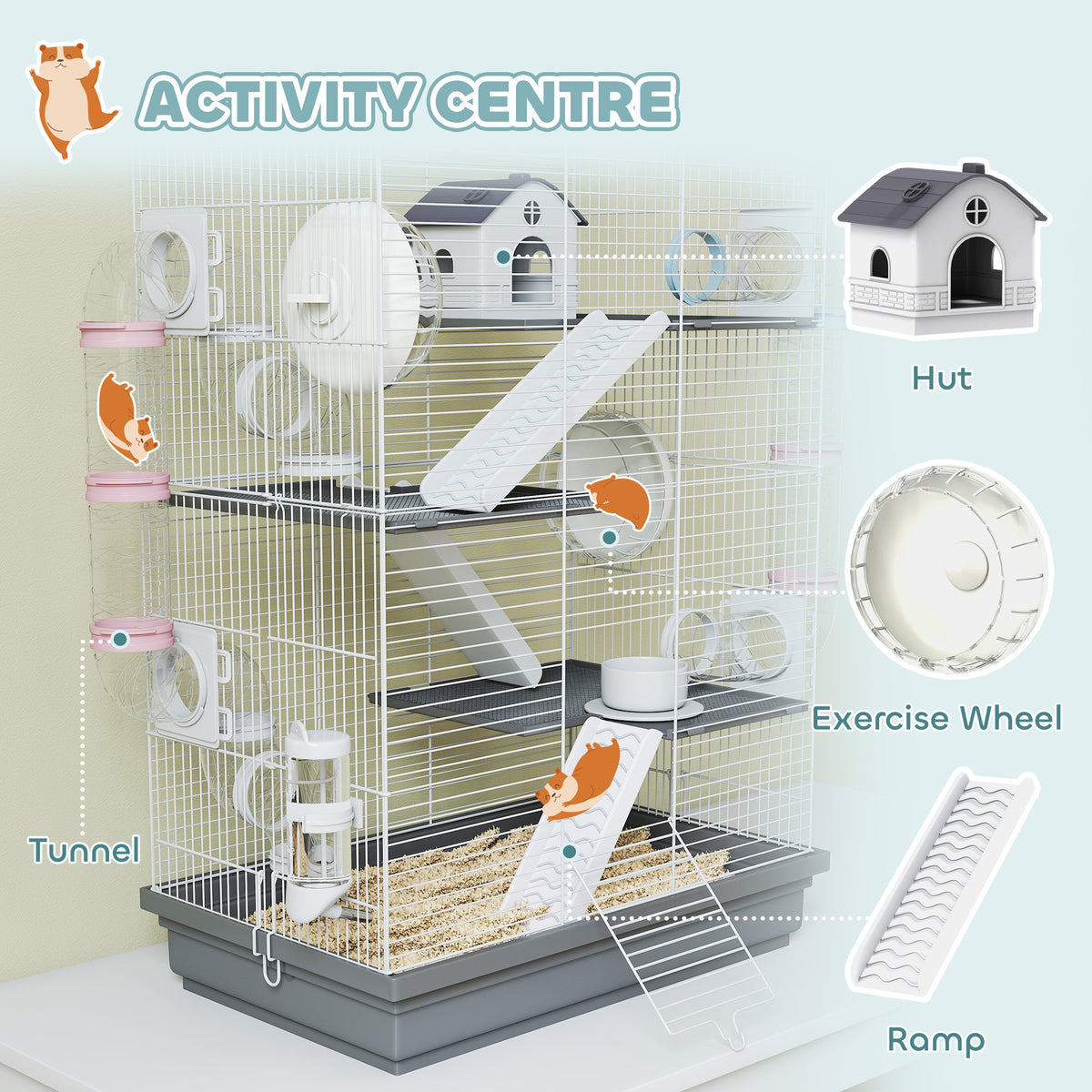 4-Level Large Hamster Cage with DIY Tubes and Accessories - Grey-Small Animals-DECOROLALA