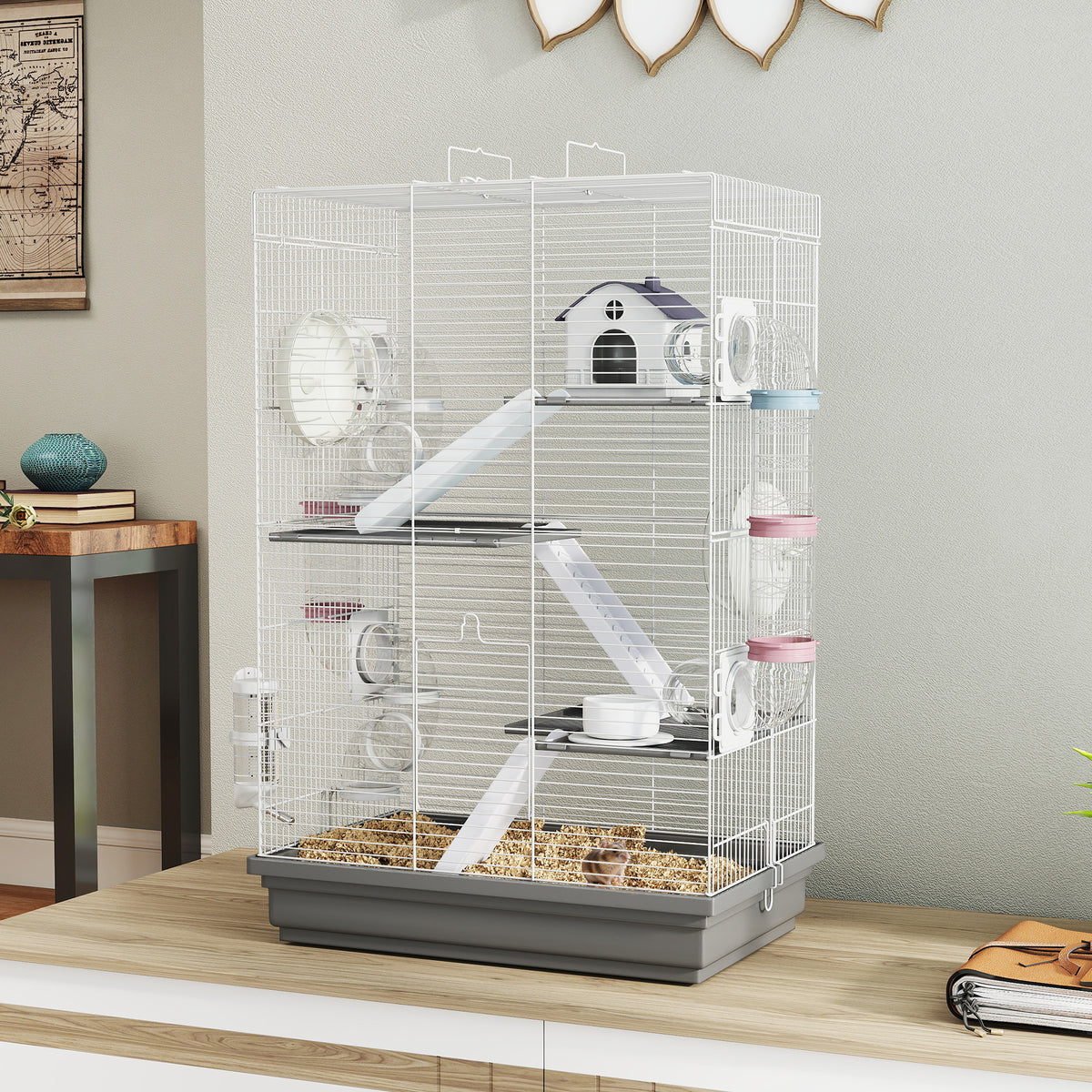 4-Level Large Hamster Cage with DIY Tubes and Accessories - Grey-Small Animals-DECOROLALA