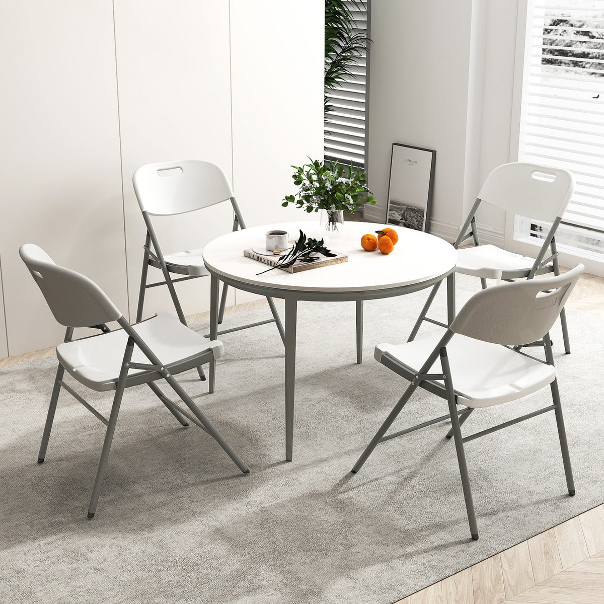 4 Pack Folding Stackable Chairs with Metal Frame and Carrying Handle-White-Dining Chairs-DECOROLALA