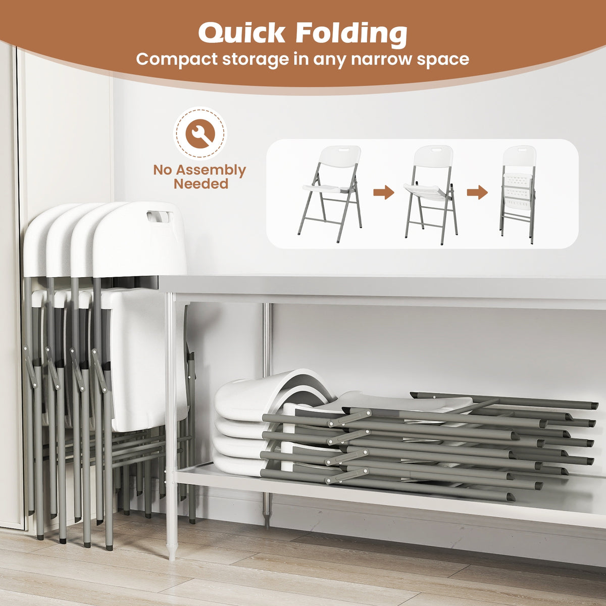 4 Pack Folding Stackable Chairs with Metal Frame and Carrying Handle-White-Dining Chairs-DECOROLALA