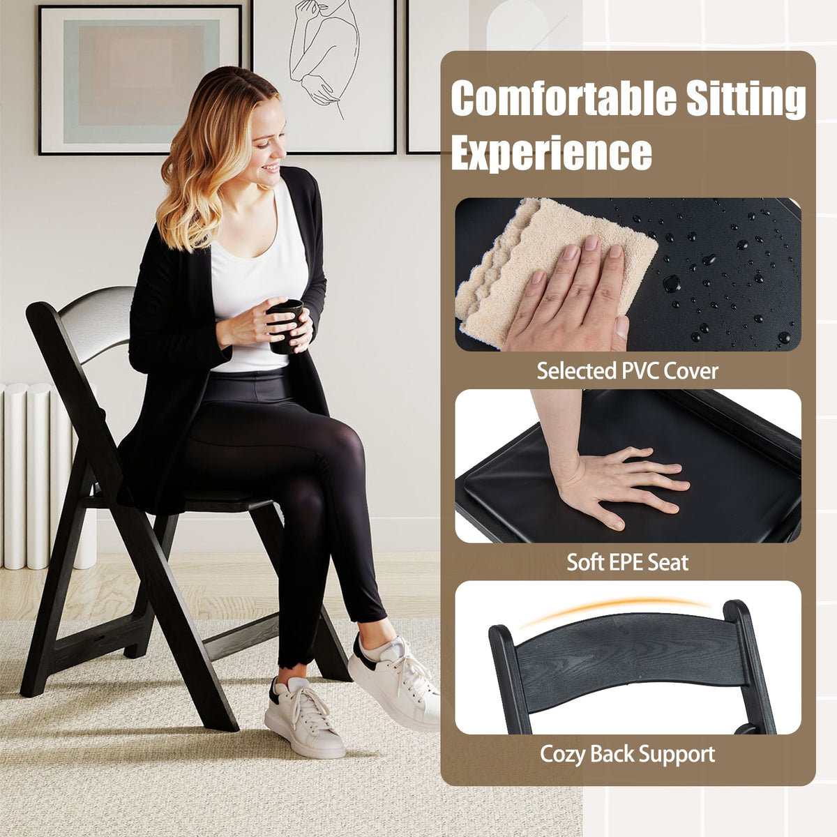 4 Pack Resin Folding Chairs with Padded Seat-Black-Dining Chairs-DECOROLALA