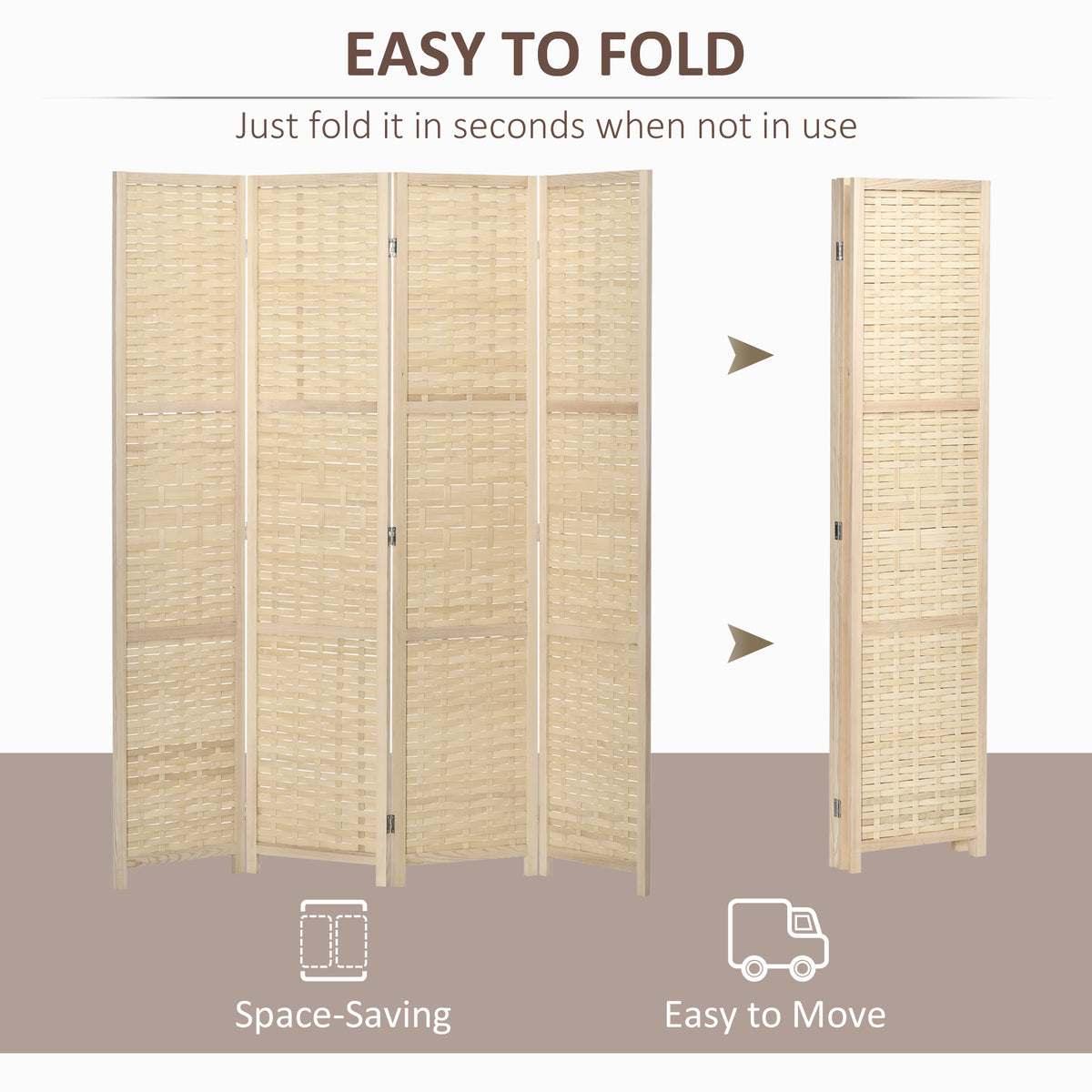 4-Panel Bamboo Room Divider - 5.6' Folding Privacy Screen-Home Furnishings > Living Room Furniture > Room Dividers-DECOROLALA