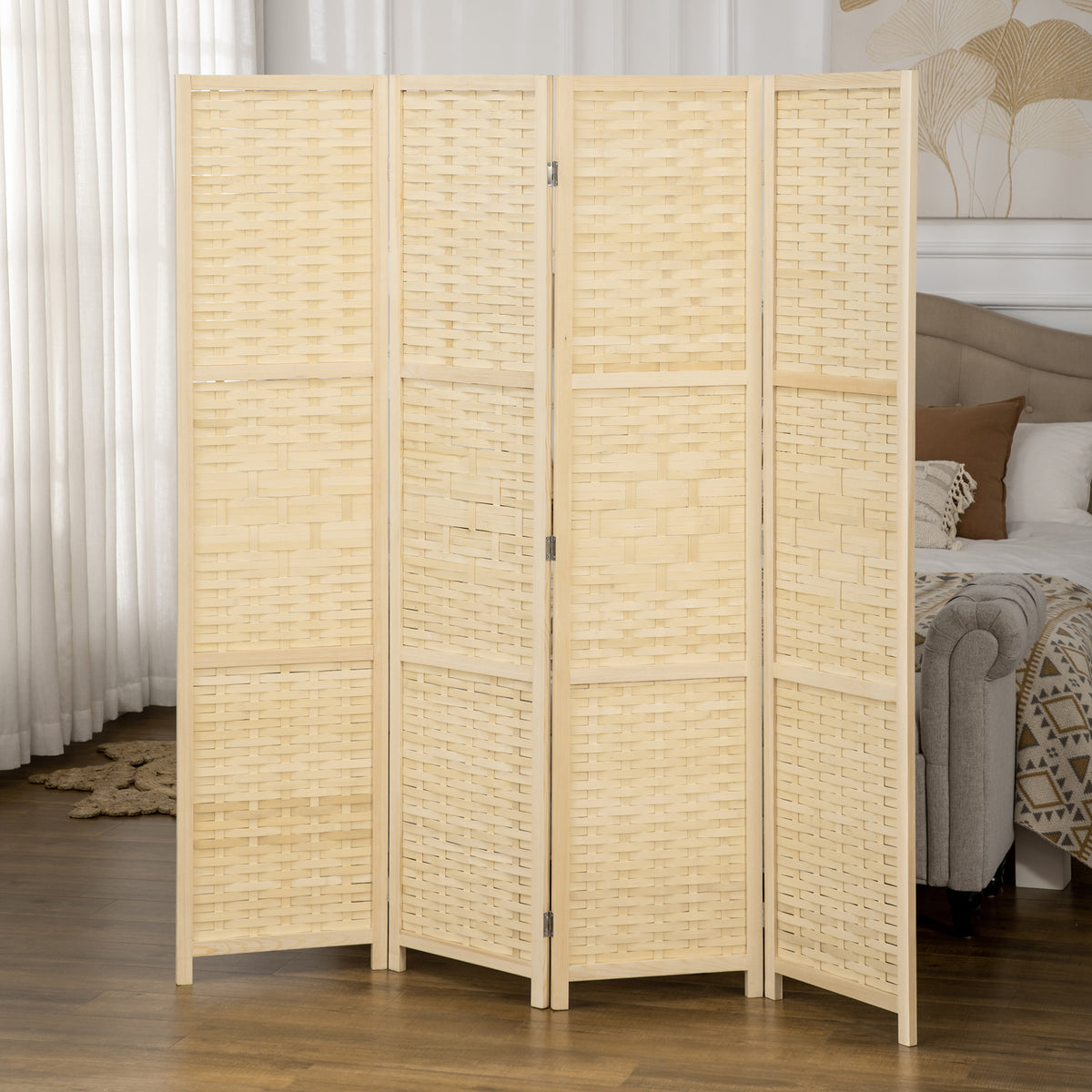 4-Panel Bamboo Room Divider - 5.6' Folding Privacy Screen-Home Furnishings > Living Room Furniture > Room Dividers-DECOROLALA
