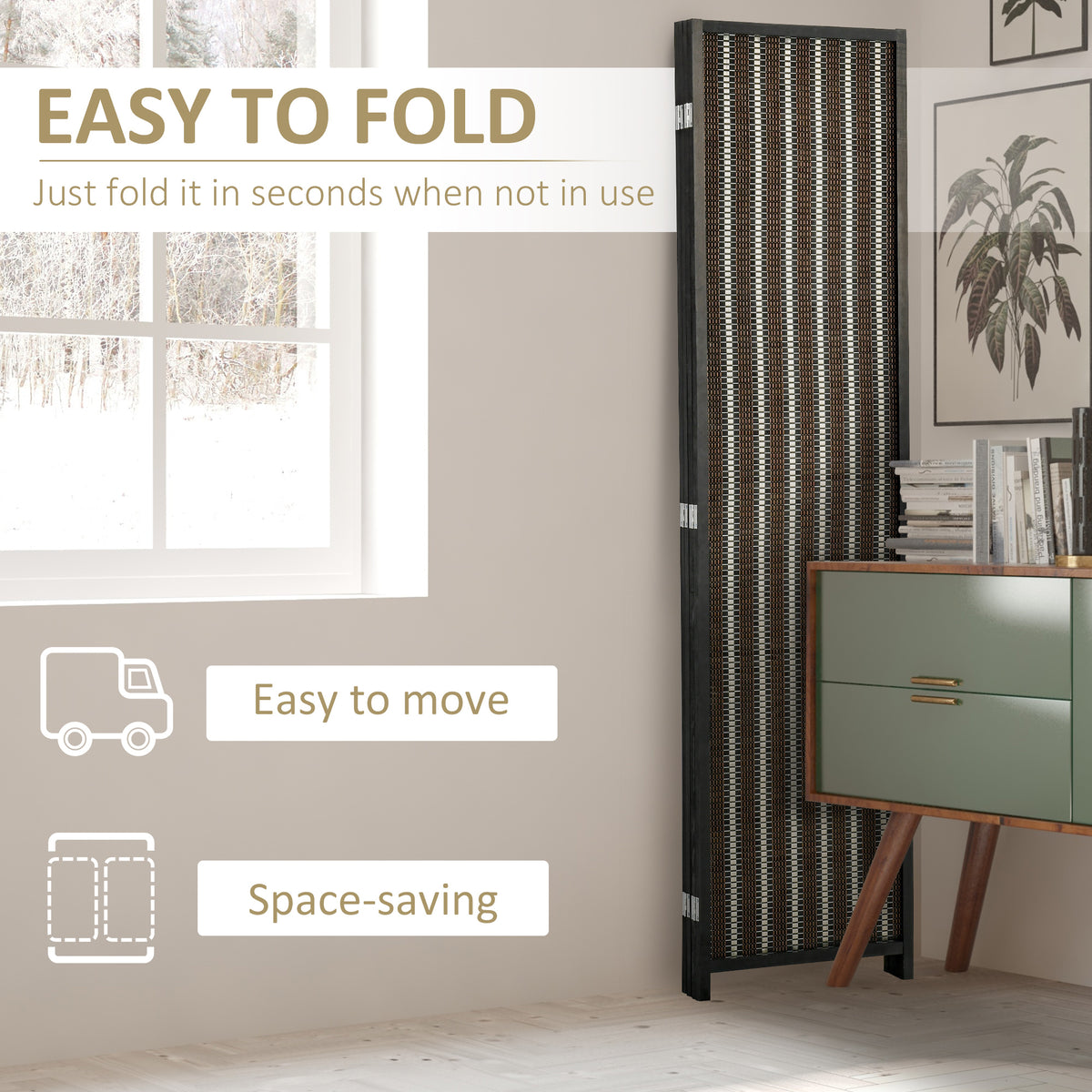 4-Panel Bamboo Room Divider - 6 Ft Tall Folding Screen Black-Home Furnishings > Living Room Furniture > Room Dividers-DECOROLALA