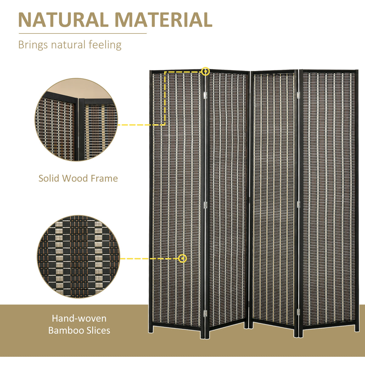 4-Panel Bamboo Room Divider - 6 Ft Tall Folding Screen Black-Home Furnishings > Living Room Furniture > Room Dividers-DECOROLALA