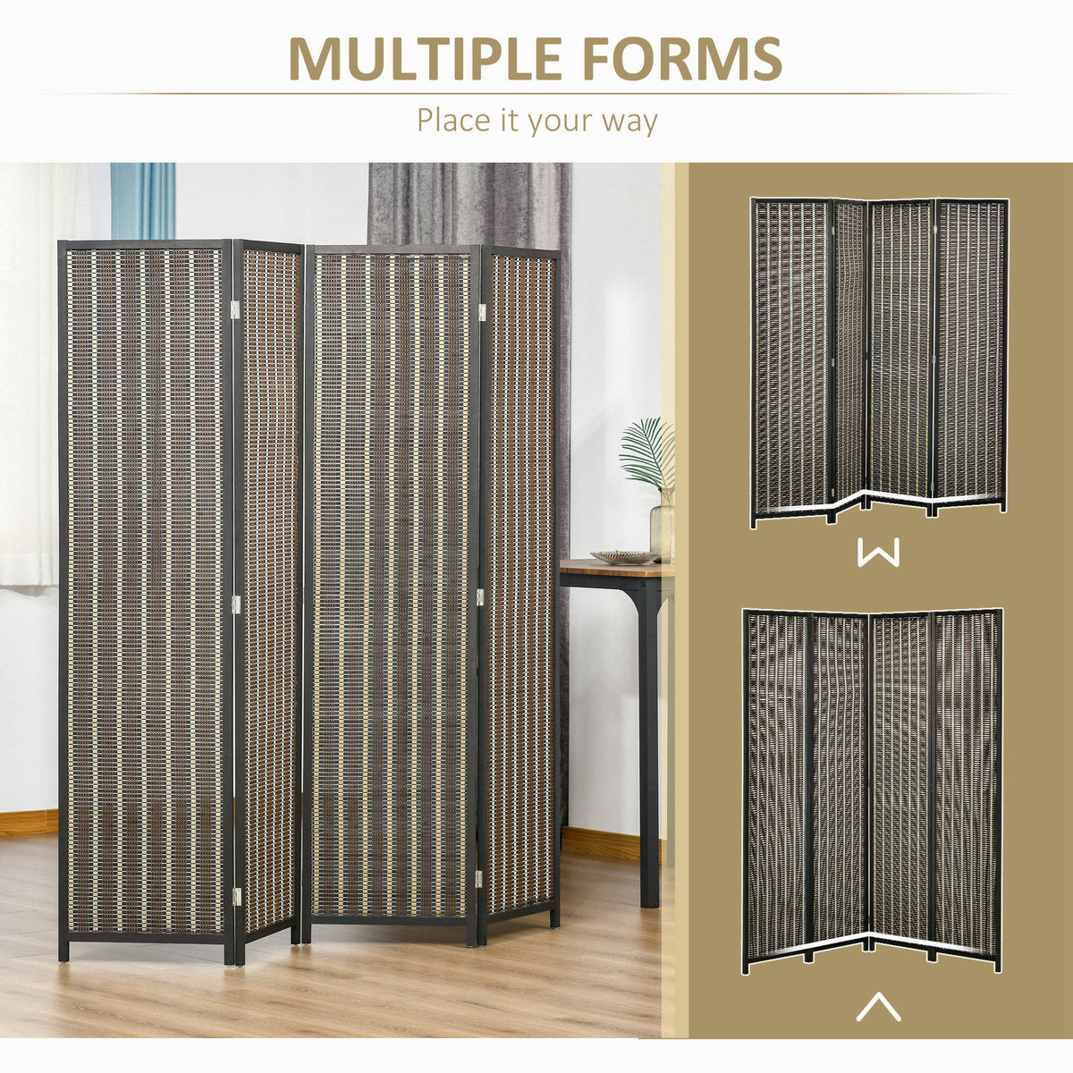 4-Panel Bamboo Room Divider - 6 Ft Tall Folding Screen Black-Home Furnishings > Living Room Furniture > Room Dividers-DECOROLALA