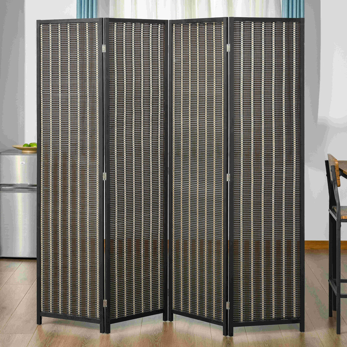 4-Panel Bamboo Room Divider - 6 Ft Tall Folding Screen Black-Home Furnishings > Living Room Furniture > Room Dividers-DECOROLALA