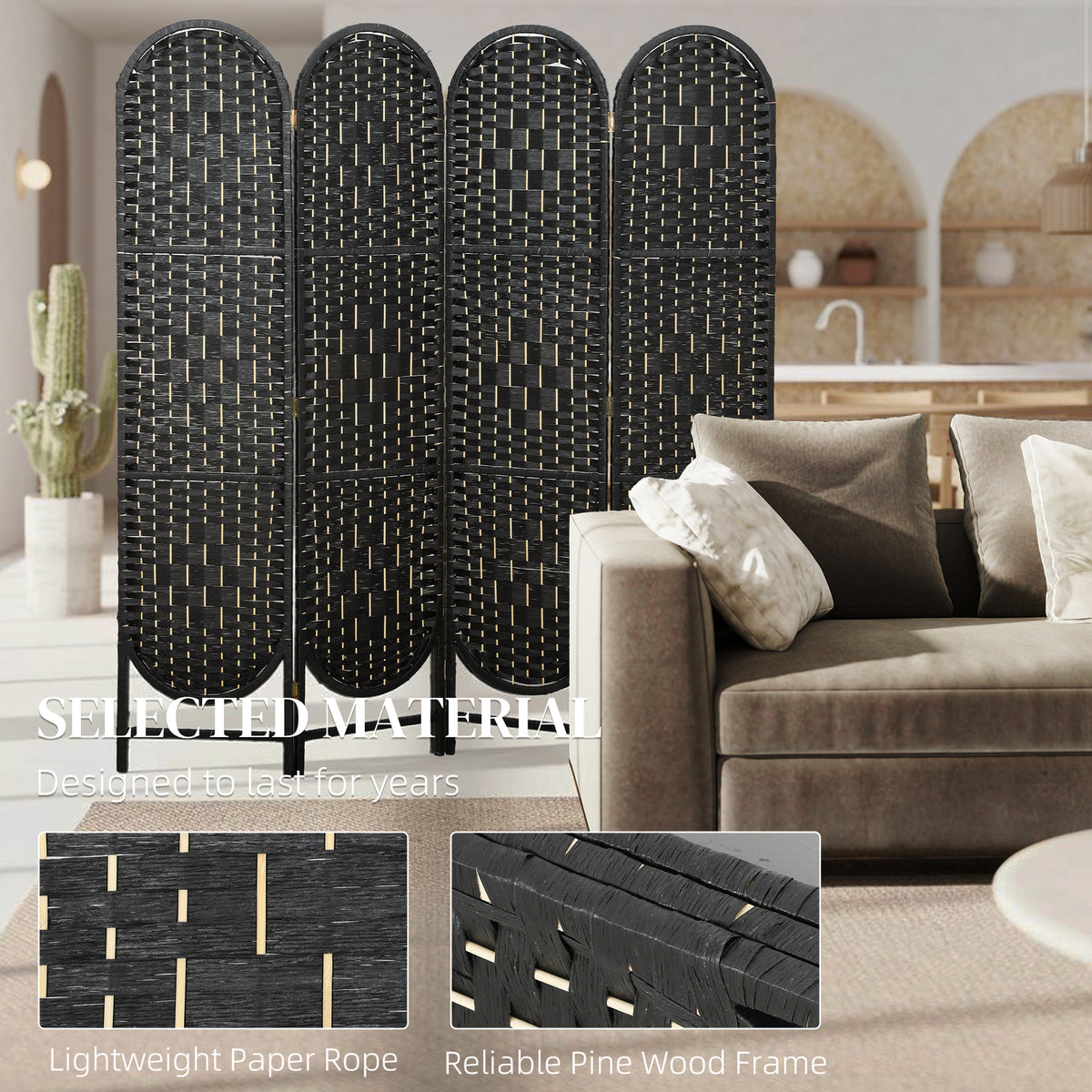 4-Panel Bohemian Room Divider - Black Arched Privacy Screen-Home Furnishings > Living Room Furniture > Room Dividers-DECOROLALA