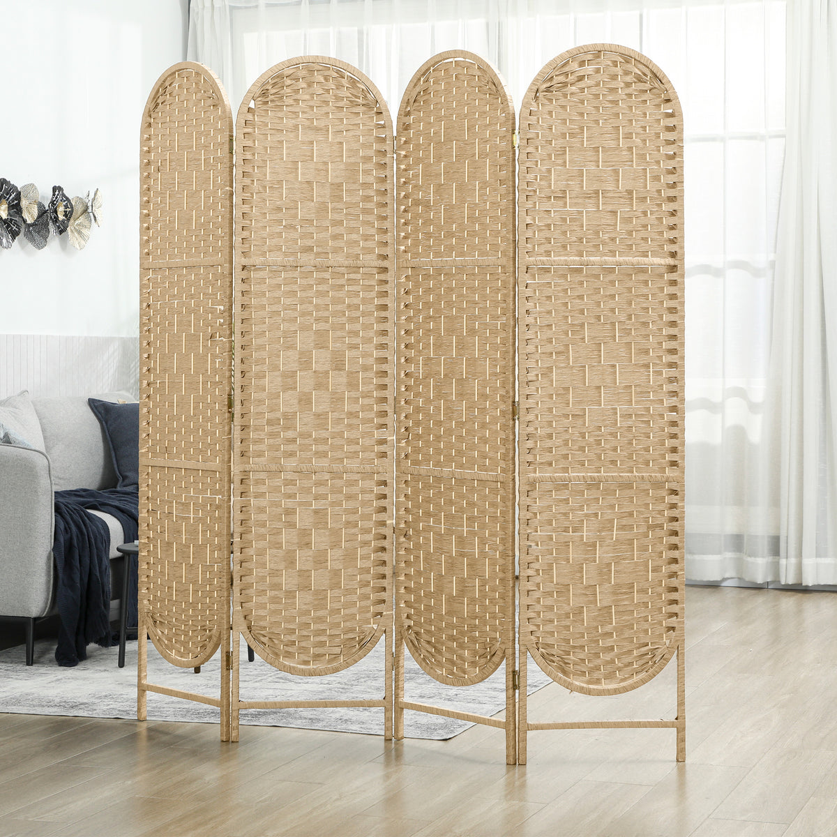 4-Panel Bohemian Room Divider - Natural Wood 67" H-Home Furnishings > Living Room Furniture > Room Dividers-DECOROLALA
