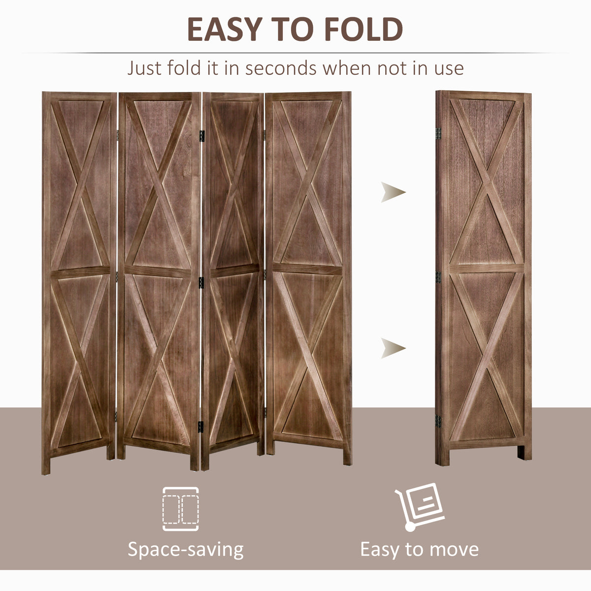 4-Panel Farmhouse Wood Room Divider - 5.6ft Walnut-Home Furnishings > Living Room Furniture > Room Dividers-DECOROLALA