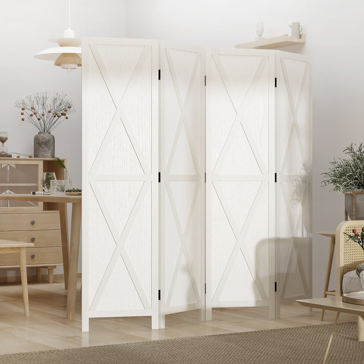 4-Panel Farmhouse Wood Room Divider - 5.6ft White-Home Furnishings > Living Room Furniture > Room Dividers-DECOROLALA