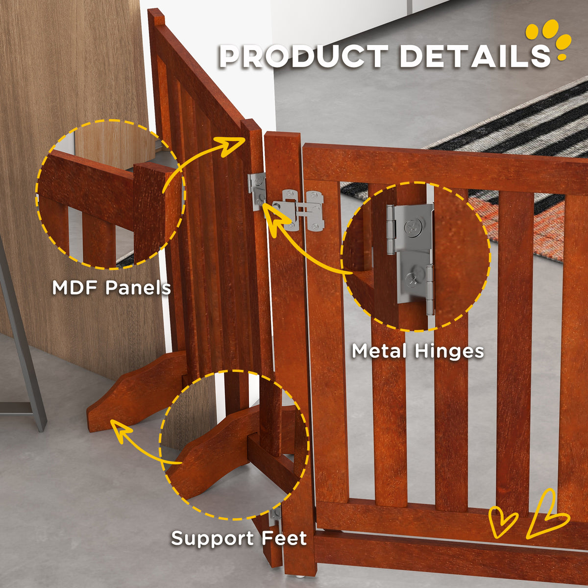 4-Panel Foldable Freestanding Dog Gate with Door - Brown MDF-Dogs-DECOROLALA