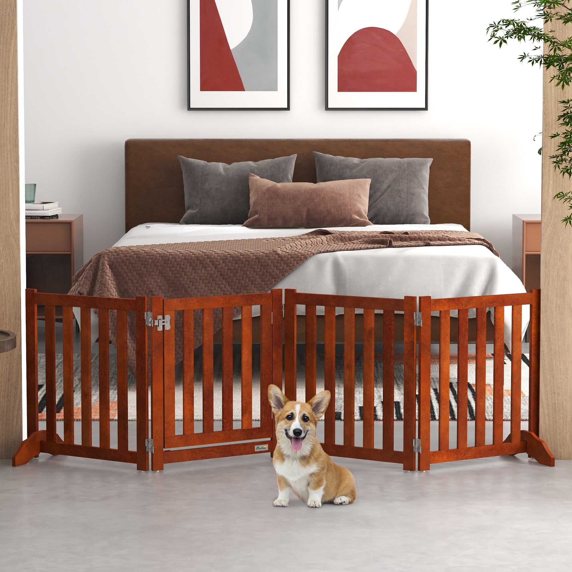 4-Panel Foldable Freestanding Dog Gate with Door - Brown MDF-Dogs-DECOROLALA