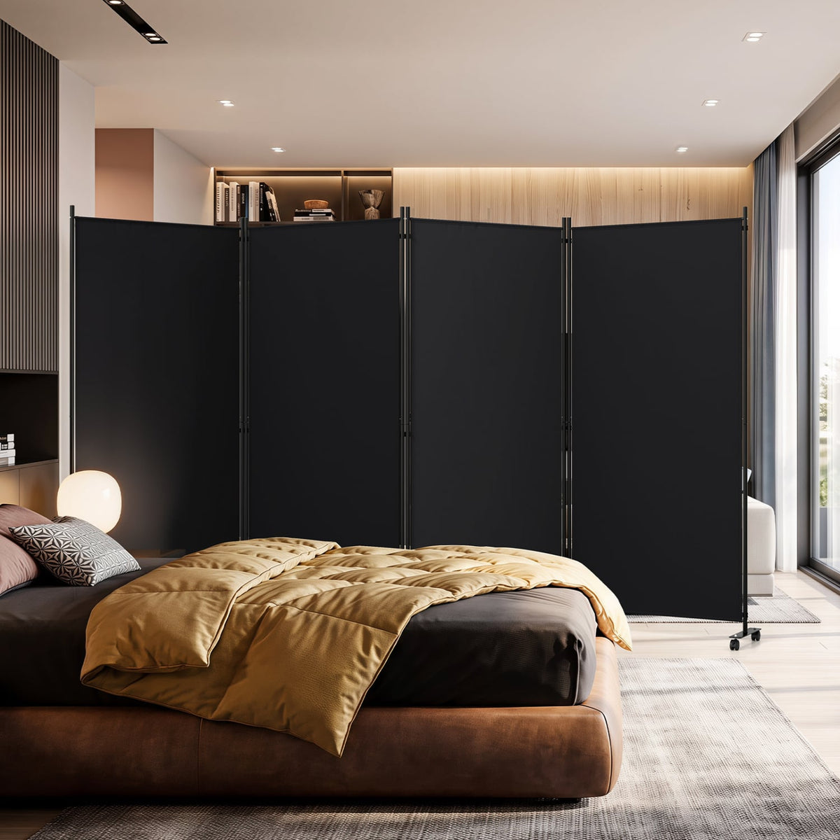 4 Panel Folding Privacy Screen Room Divider with Wheels-Black-Room Dividers-DECOROLALA