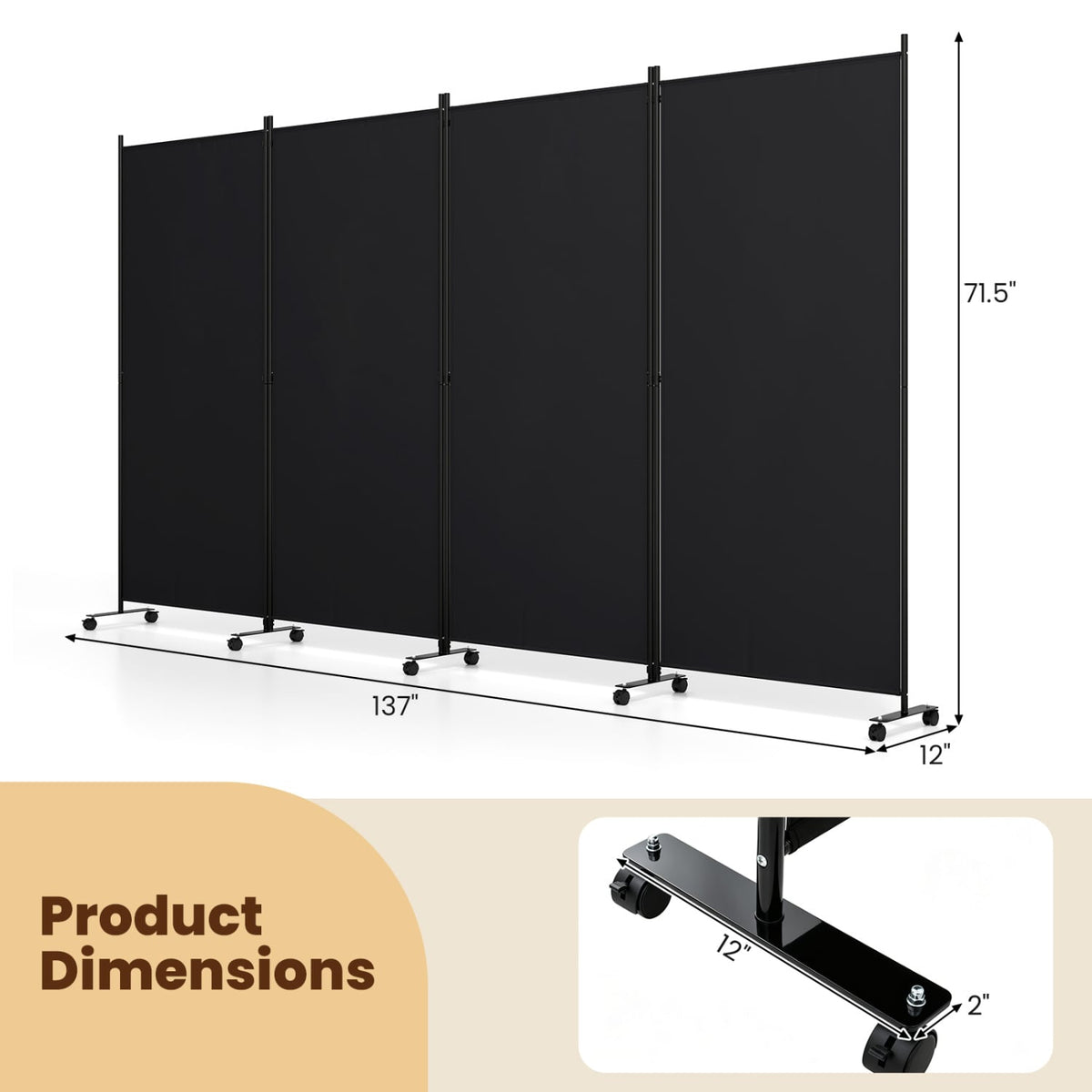 4 Panel Folding Privacy Screen Room Divider with Wheels-Black – DECOROLALA