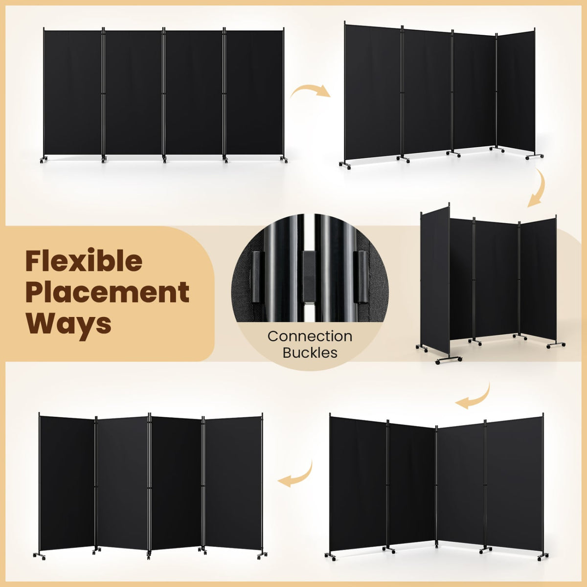 4 Panel Folding Privacy Screen Room Divider with Wheels-Black-Room Dividers-DECOROLALA