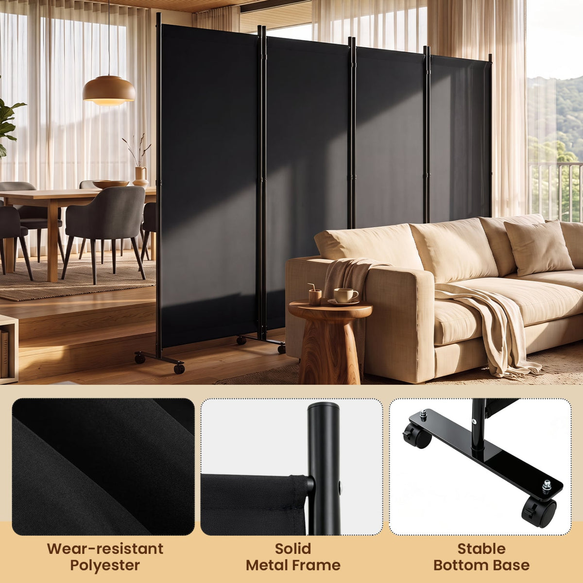 4 Panel Folding Privacy Screen Room Divider with Wheels-Black-Room Dividers-DECOROLALA
