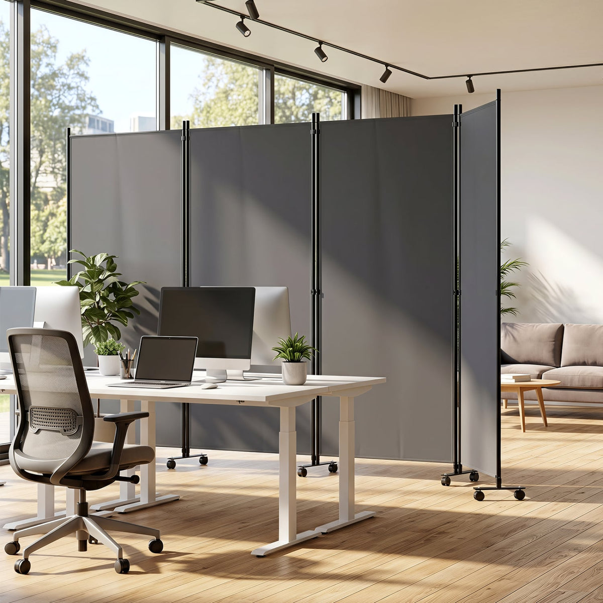4 Panel Folding Privacy Screen Room Divider with Wheels-Gray-Room Dividers-DECOROLALA