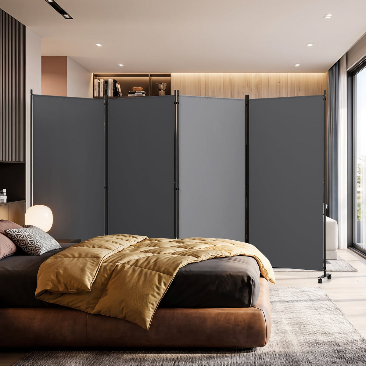 4 Panel Folding Privacy Screen Room Divider with Wheels-Gray-Room Dividers-DECOROLALA