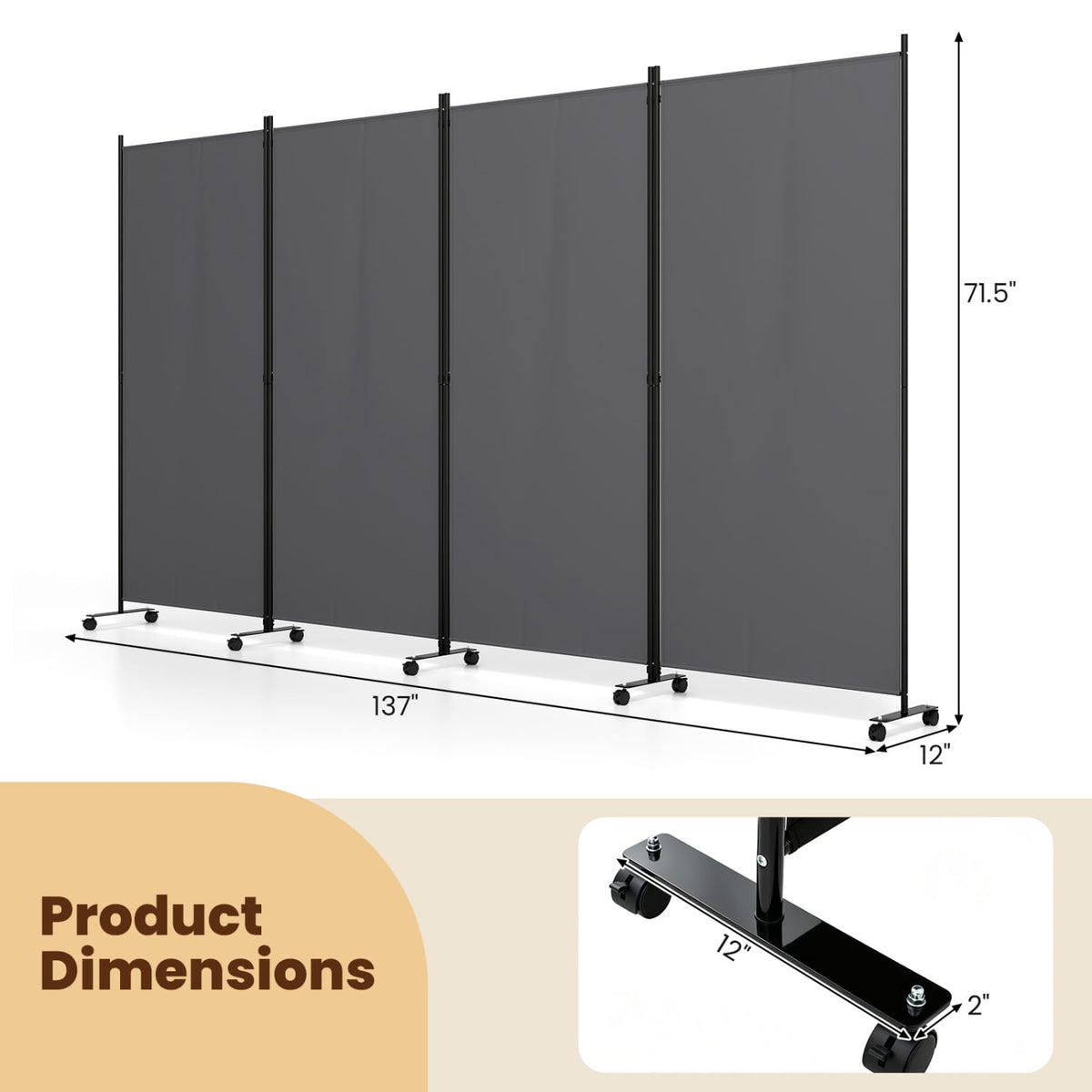 4 Panel Folding Privacy Screen Room Divider with Wheels-Gray-Room Dividers-DECOROLALA