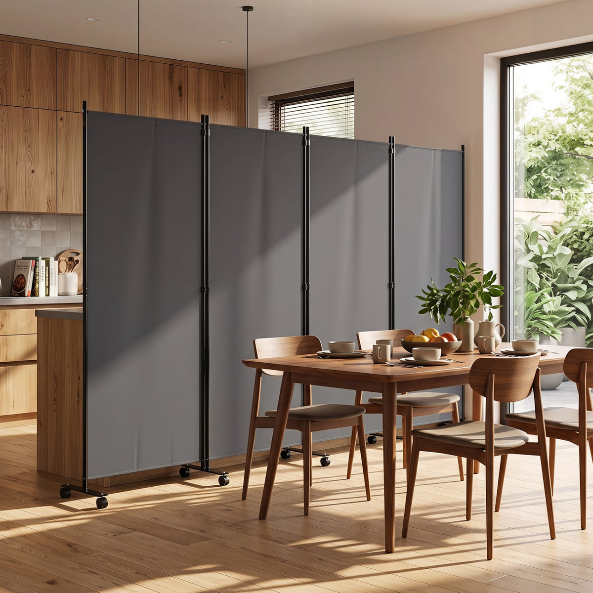 4 Panel Folding Privacy Screen Room Divider with Wheels-Gray-Room Dividers-DECOROLALA