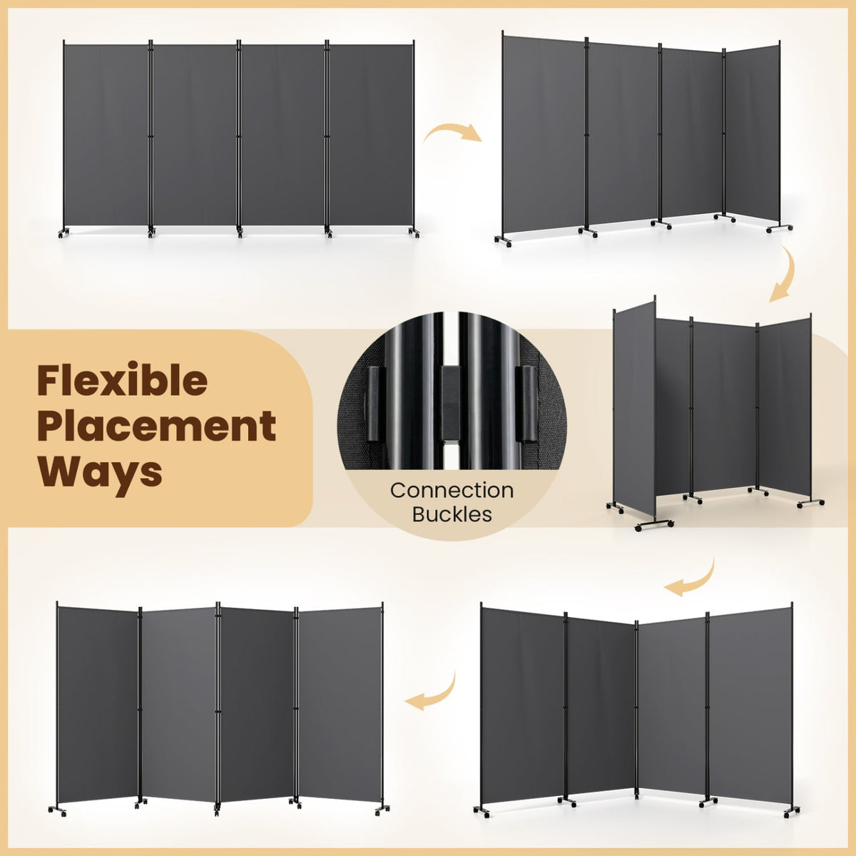 4 Panel Folding Privacy Screen Room Divider with Wheels-Gray-Room Dividers-DECOROLALA