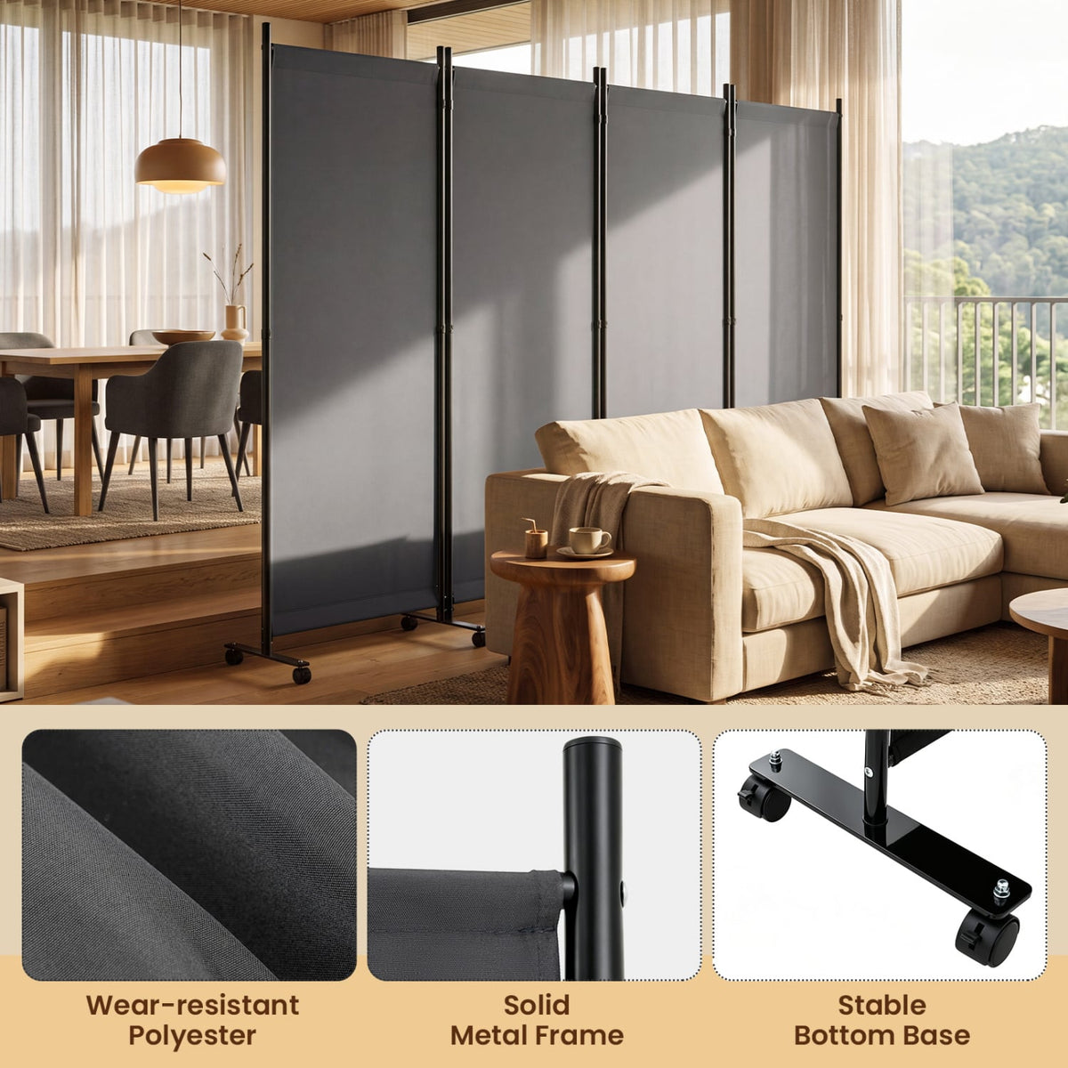 4 Panel Folding Privacy Screen Room Divider with Wheels-Gray-Room Dividers-DECOROLALA
