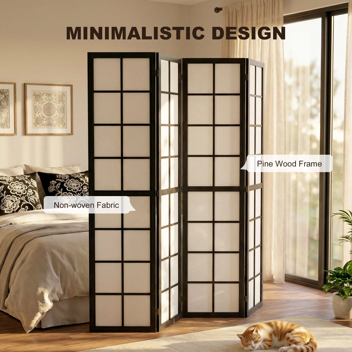 4-Panel Folding Room Divider - 5.6' Pine Wood Black-Home Furnishings > Living Room Furniture > Room Dividers-DECOROLALA