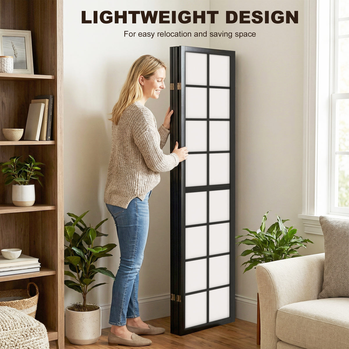 4-Panel Folding Room Divider - 5.6' Pine Wood Black-Home Furnishings > Living Room Furniture > Room Dividers-DECOROLALA