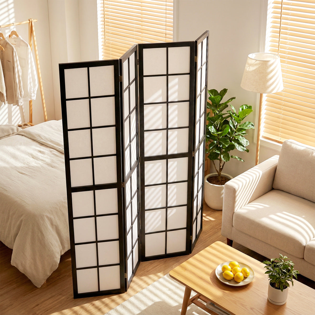 4-Panel Folding Room Divider - 5.6' Pine Wood Black-Home Furnishings > Living Room Furniture > Room Dividers-DECOROLALA