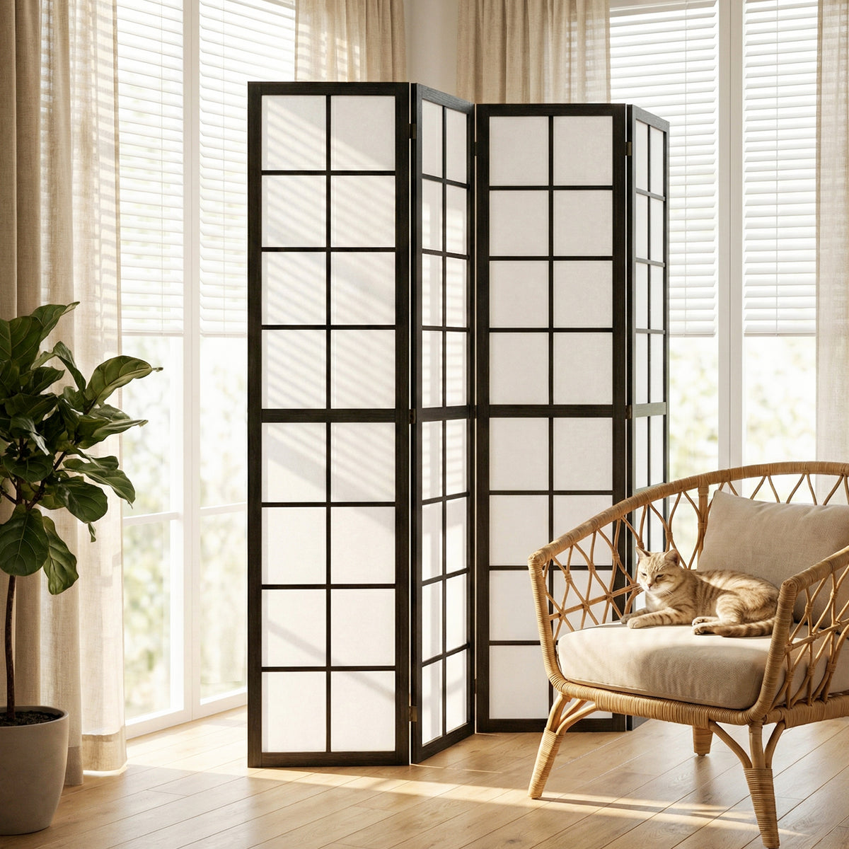4-Panel Folding Room Divider - 5.6' Pine Wood Black-Home Furnishings > Living Room Furniture > Room Dividers-DECOROLALA