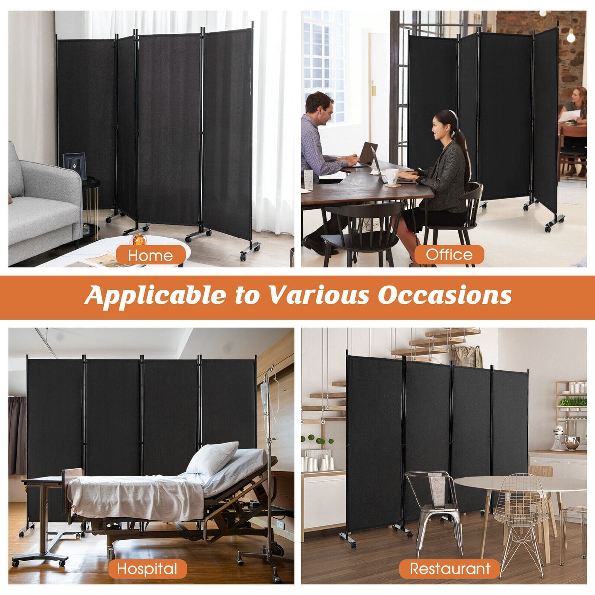 4-Panel Folding Room Divider 6 Feet Rolling Privacy Screen with Lockab ...