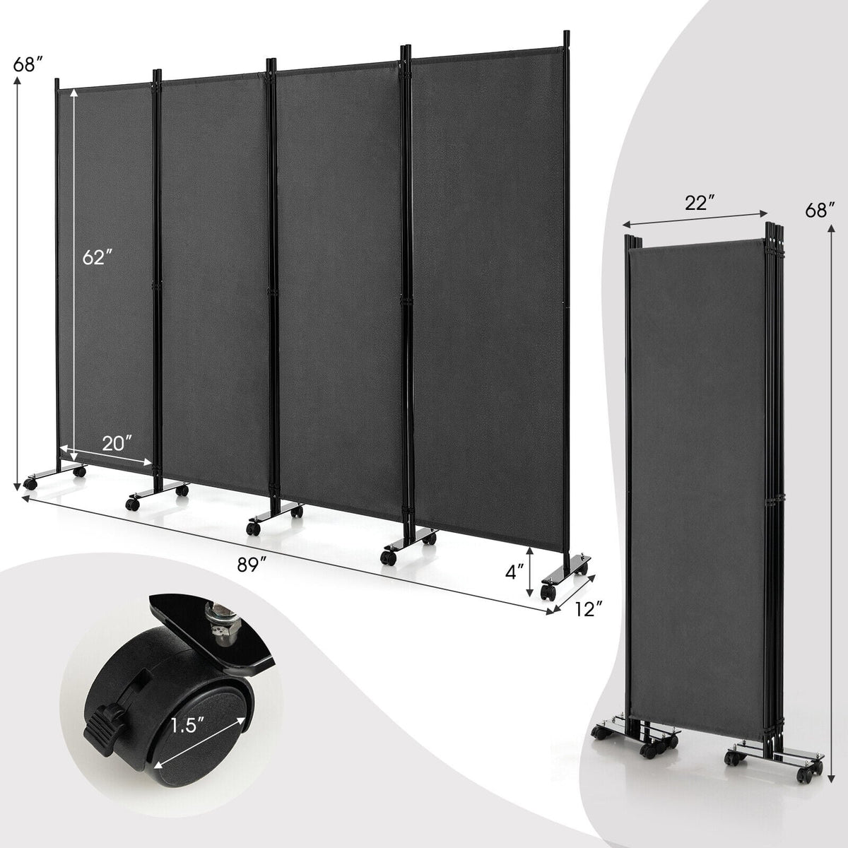 4-Panel Folding Room Divider 6 Feet Rolling Privacy Screen with Lockab ...