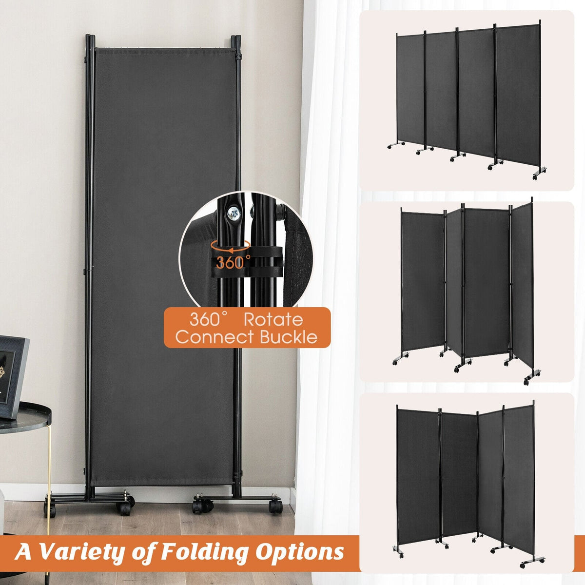 4-Panel Folding Room Divider 6 Feet Rolling Privacy Screen with Lockab ...