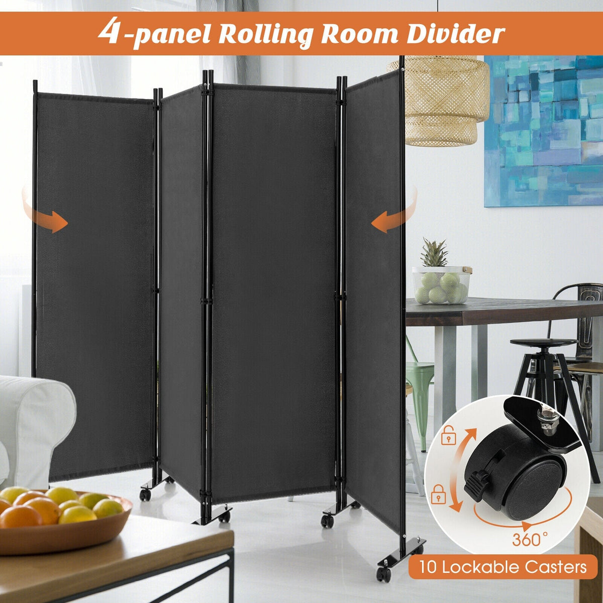 4-Panel Folding Room Divider 6 Feet Rolling Privacy Screen with Lockab ...