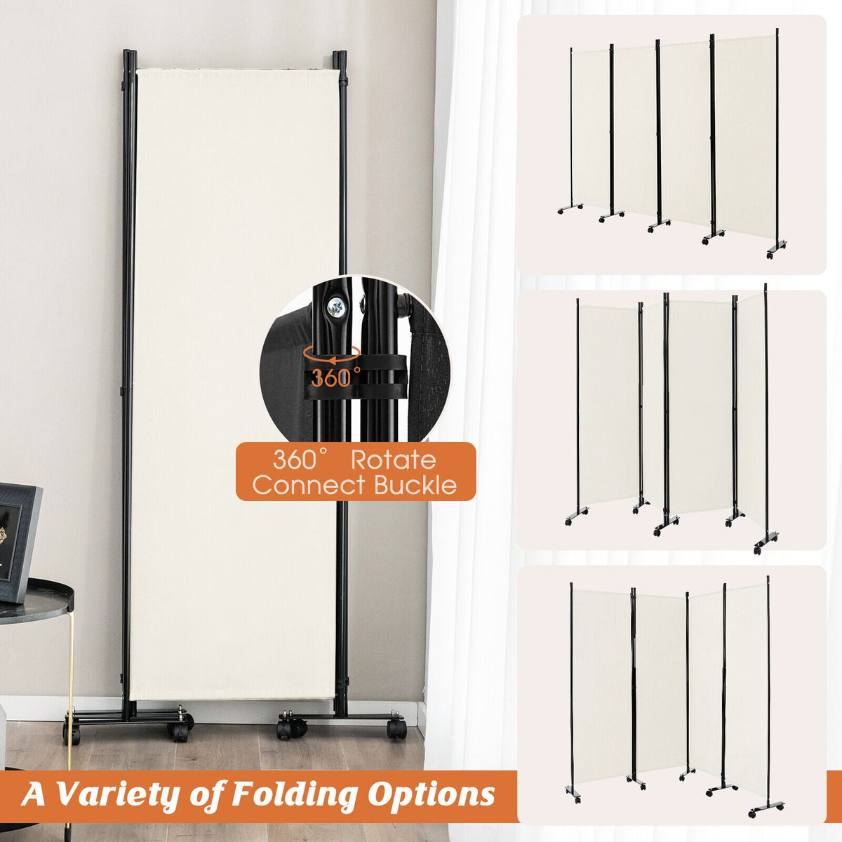 4-Panel Folding Room Divider 6 Feet Rolling Privacy Screen with Lockab ...