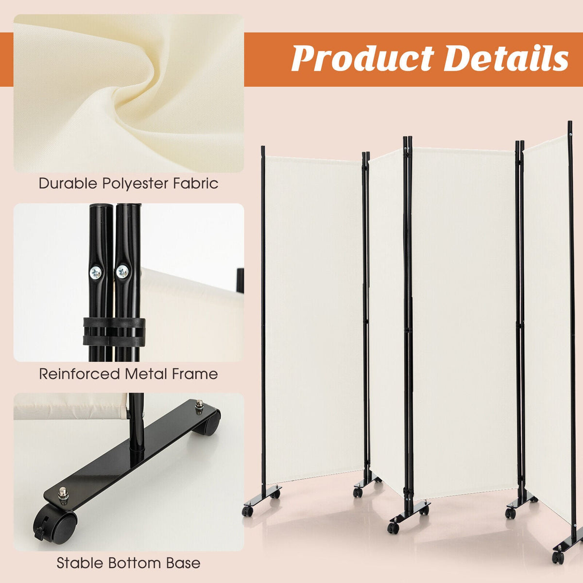 4-Panel Folding Room Divider 6 Feet Rolling Privacy Screen with Lockab ...