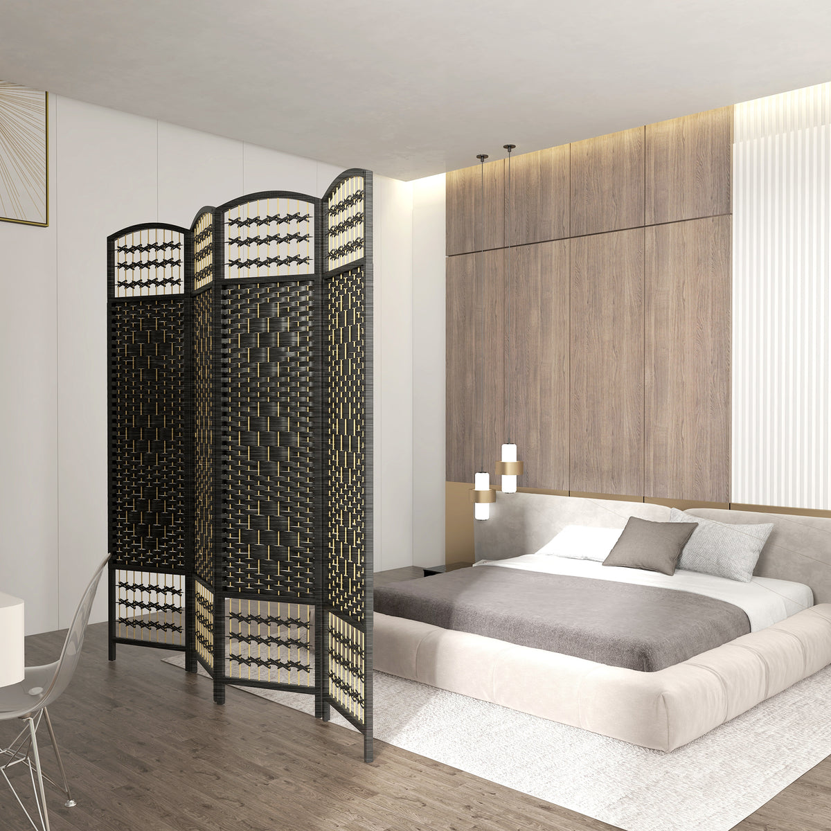 4-Panel Folding Room Divider - Black 67" Privacy Screen-Home Furnishings > Living Room Furniture > Room Dividers-DECOROLALA