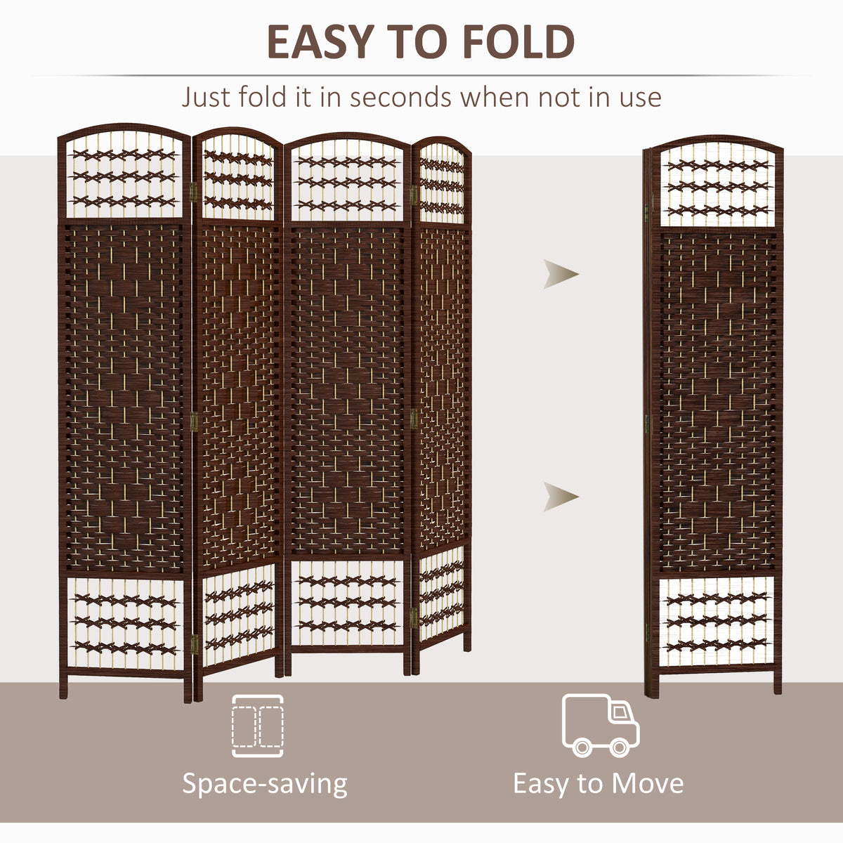 4-Panel Folding Room Divider - Brown 67" Wave Fiber Screen-Home Furnishings > Living Room Furniture > Room Dividers-DECOROLALA