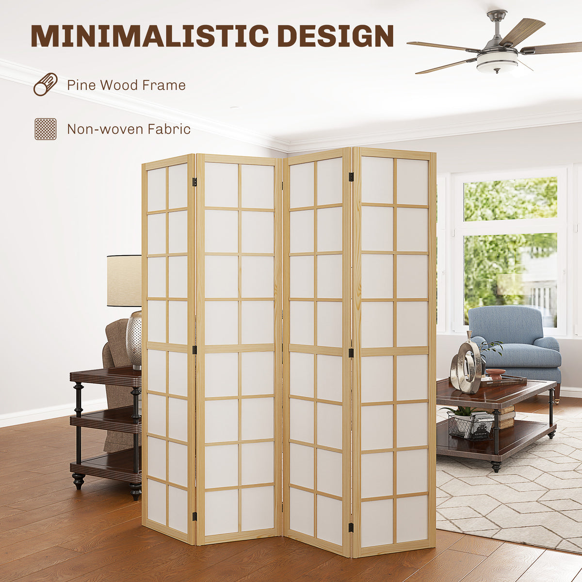 4-Panel Folding Room Divider - Pine Wood & White 5.6 ft-Home Furnishings > Living Room Furniture > Room Dividers-DECOROLALA