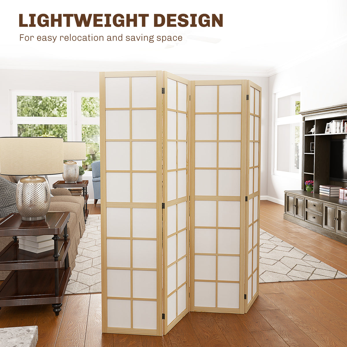 4-Panel Folding Room Divider - Pine Wood & White 5.6 ft-Home Furnishings > Living Room Furniture > Room Dividers-DECOROLALA