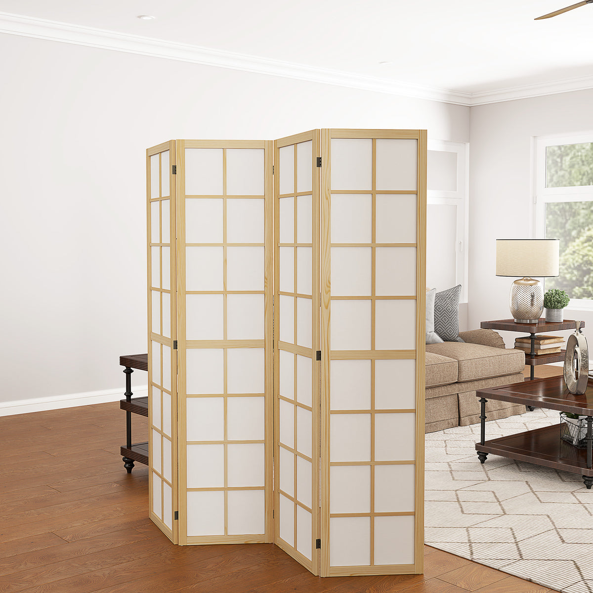 4-Panel Folding Room Divider - Pine Wood & White 5.6 ft-Home Furnishings > Living Room Furniture > Room Dividers-DECOROLALA