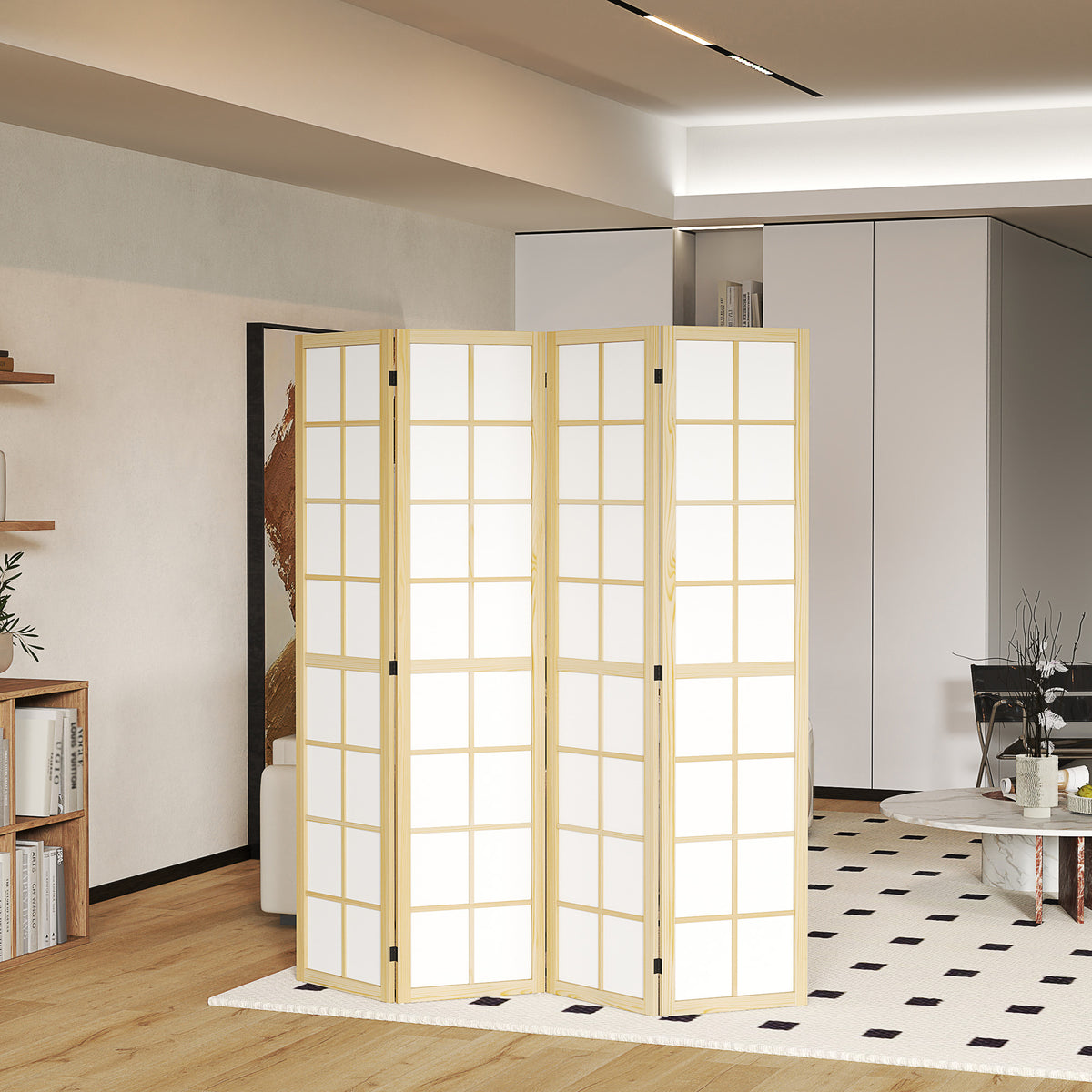 4-Panel Folding Room Divider - Pine Wood & White 5.6 ft-Home Furnishings > Living Room Furniture > Room Dividers-DECOROLALA