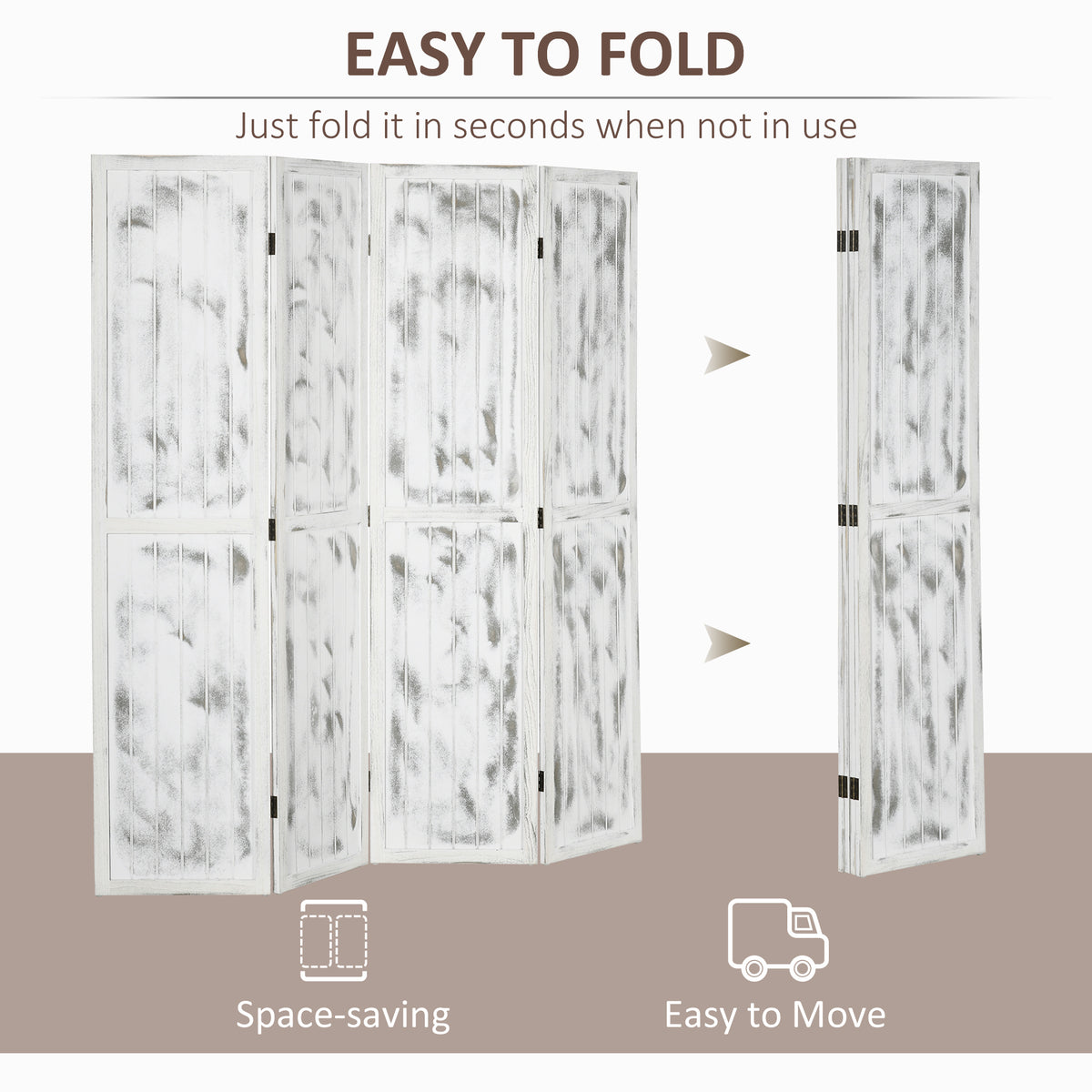 4-Panel Folding Room Divider - Rustic White 67" H-Home Furnishings > Living Room Furniture > Room Dividers-DECOROLALA