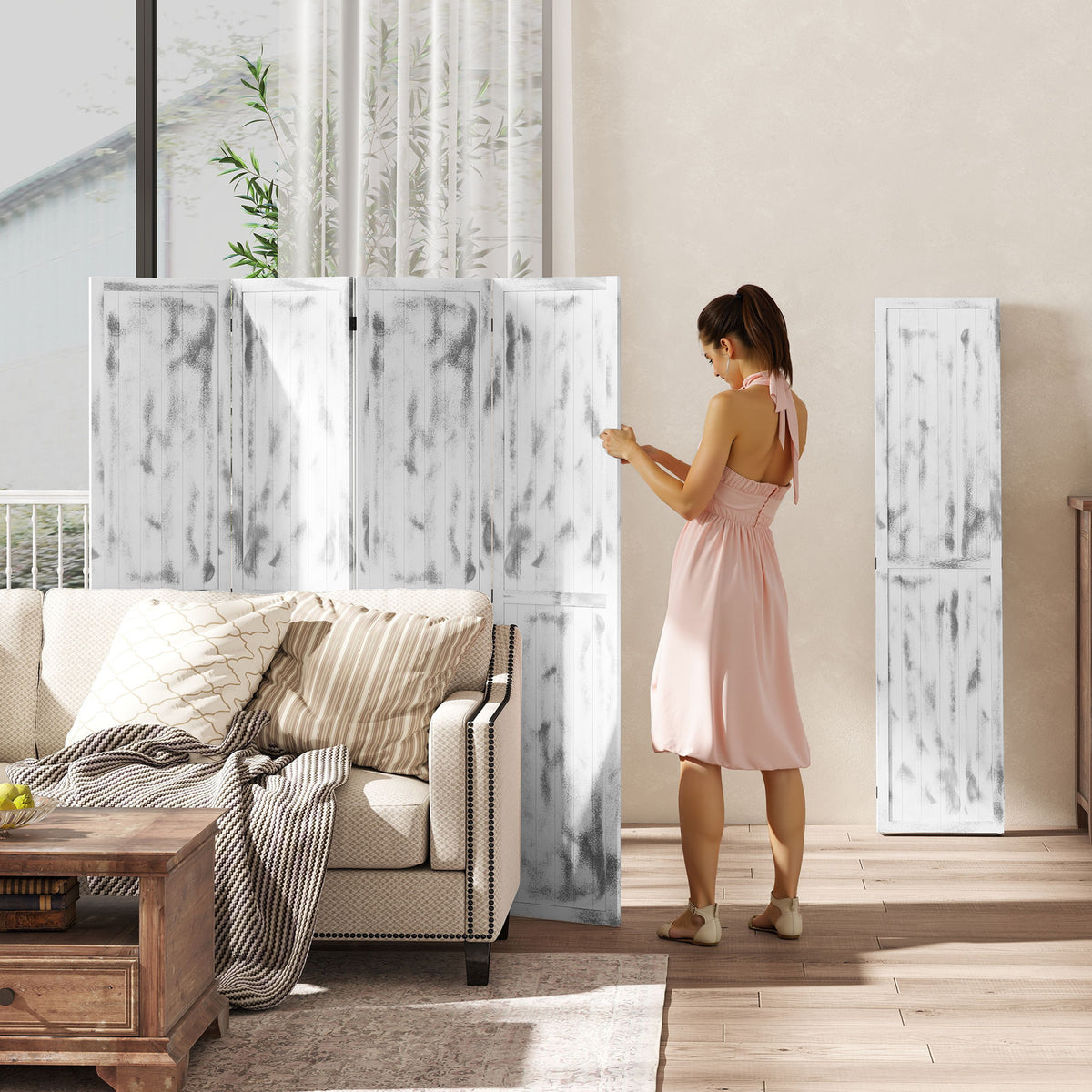 4-Panel Folding Room Divider - Rustic White 67" H-Home Furnishings > Living Room Furniture > Room Dividers-DECOROLALA