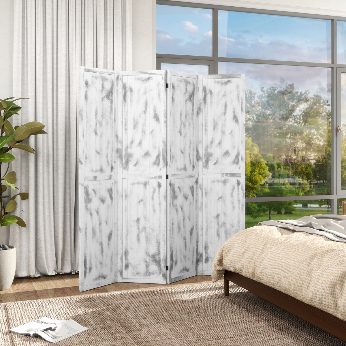 4-Panel Folding Room Divider - Rustic White 67" H-Home Furnishings > Living Room Furniture > Room Dividers-DECOROLALA