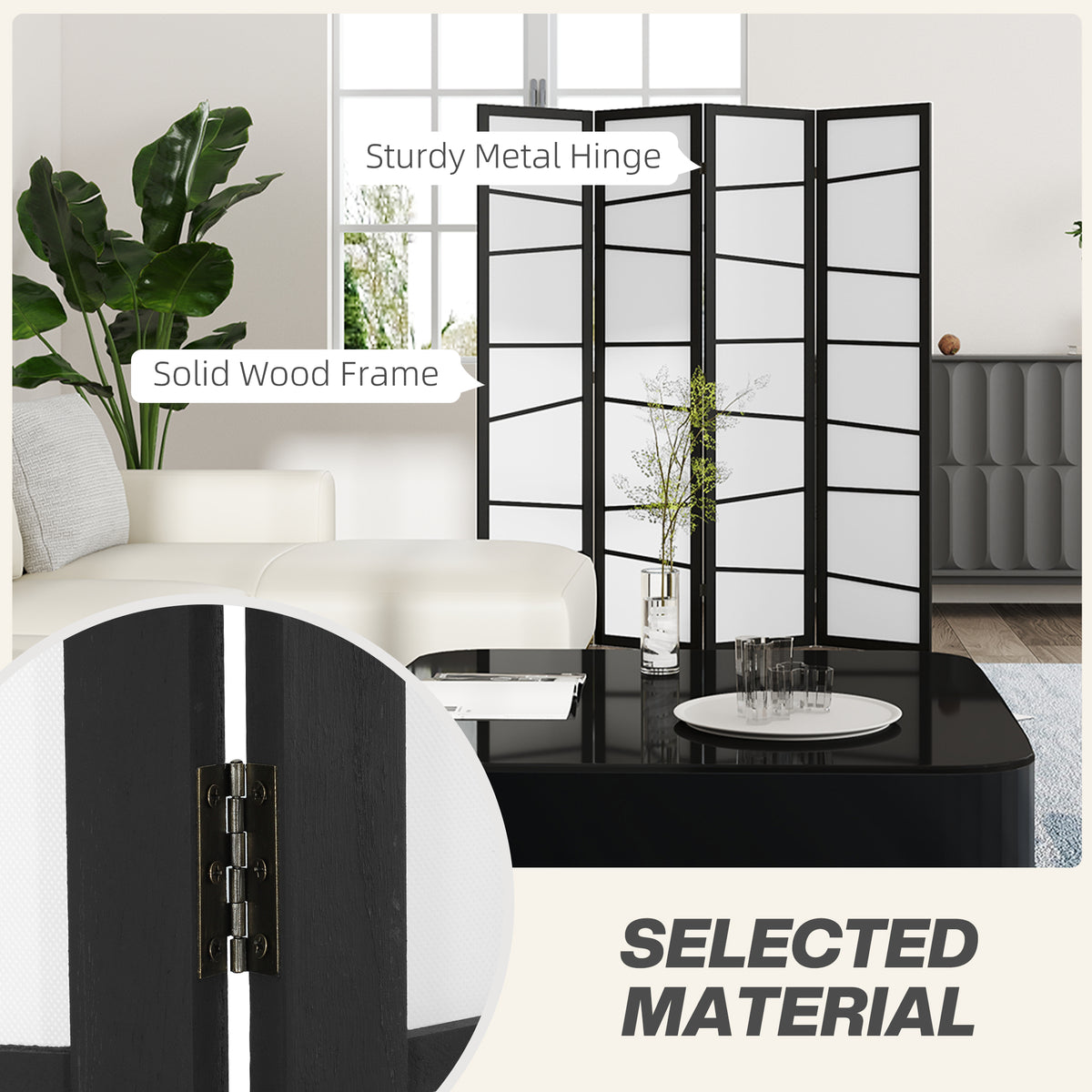 4-Panel Folding Room Divider - White Wood 5.6ft Partition-Home Furnishings > Living Room Furniture > Room Dividers-DECOROLALA