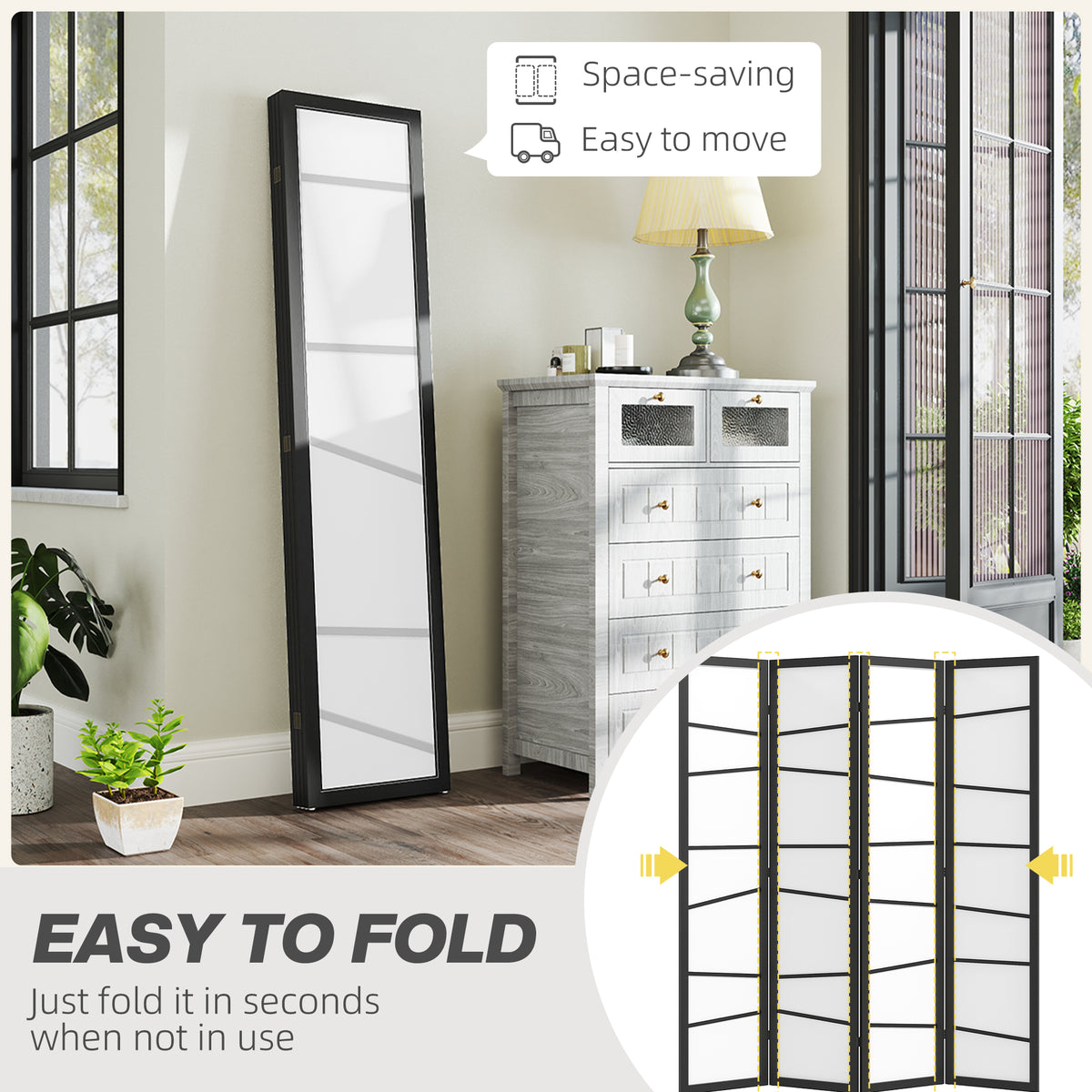 4-Panel Folding Room Divider - White Wood 5.6ft Partition-Home Furnishings > Living Room Furniture > Room Dividers-DECOROLALA