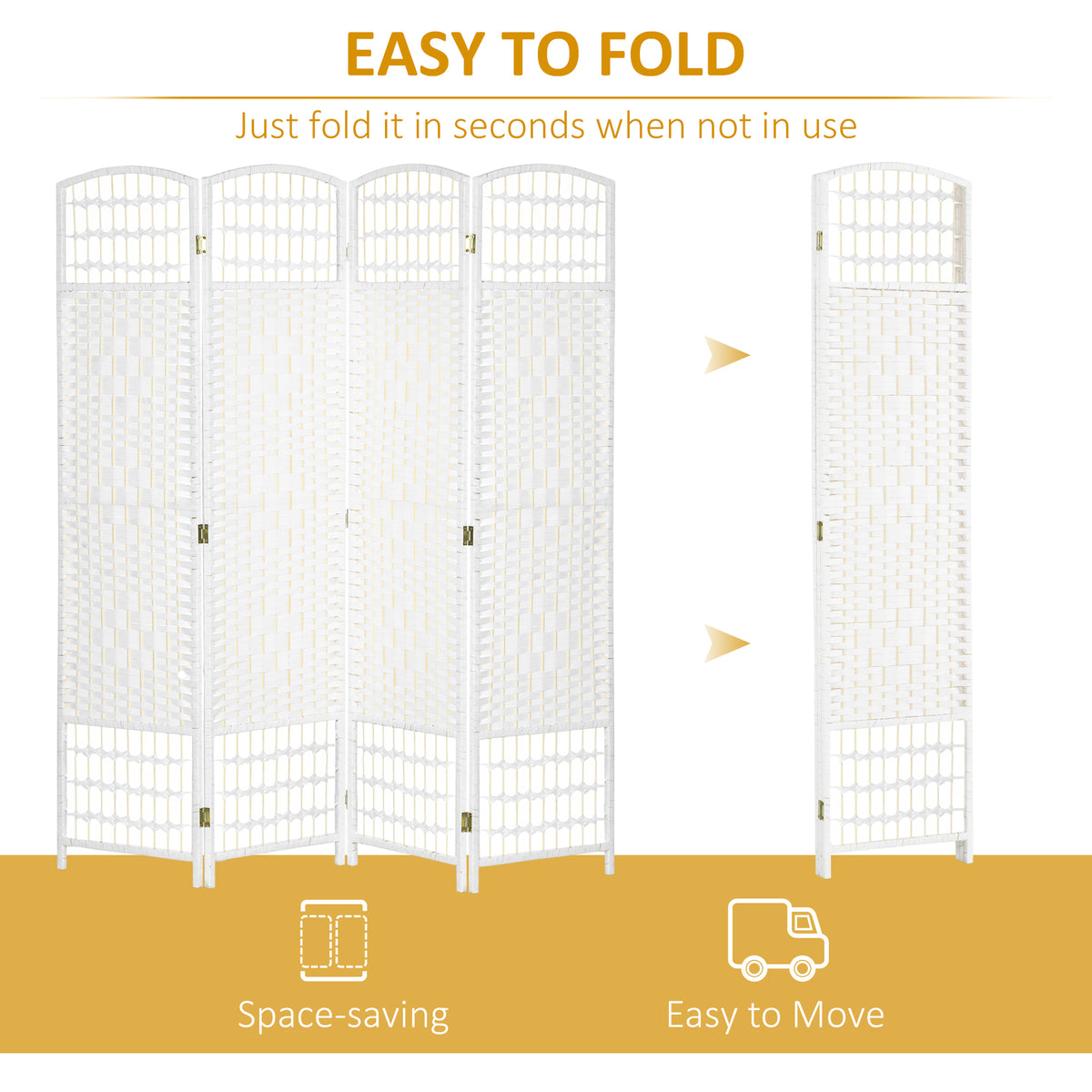4-Panel Folding Room Divider - White Woven Fiber 67" H-Home Furnishings > Living Room Furniture > Room Dividers-DECOROLALA